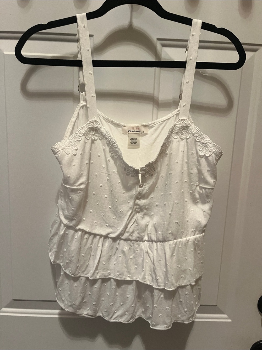 Romantic White Lace-Trim Tiered Cami Type Top with buttons & adjust- size Small
